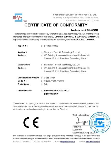 Китай Shenzhen ThreeNH Technology Co., Ltd. Сертификаты